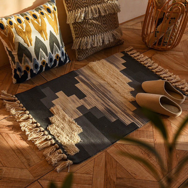 Retro Tribal Print Carpet Cotton Fringe Rug Washable Indoor Rug for Living Room