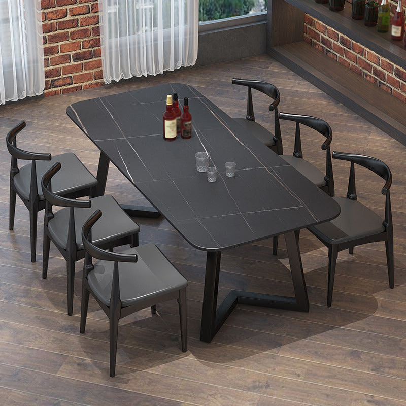 Industrial Style Dining Table Rectangle Sintered Stone Black Table with Metal Base