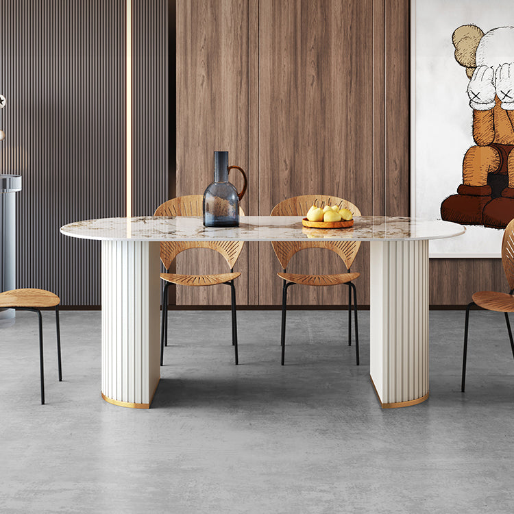 Metal Modern Oval Dining Table Sintered Stone Top Table with Double Pedestal