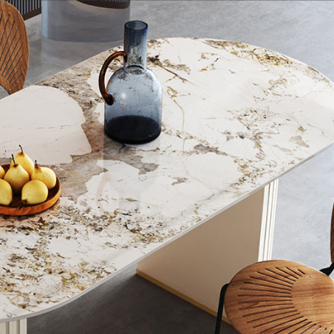 Metal Modern Oval Dining Table Sintered Stone Top Table with Double Pedestal