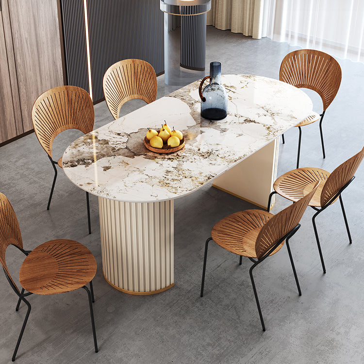 Metal Modern Oval Dining Table Sintered Stone Top Table with Double Pedestal