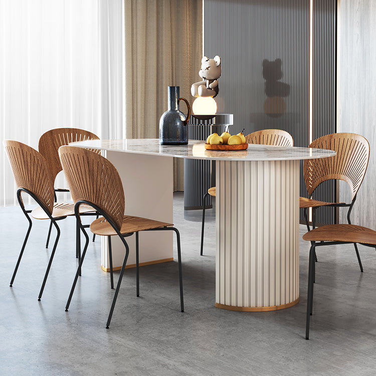 Metal Modern Oval Dining Table Sintered Stone Top Table with Double Pedestal