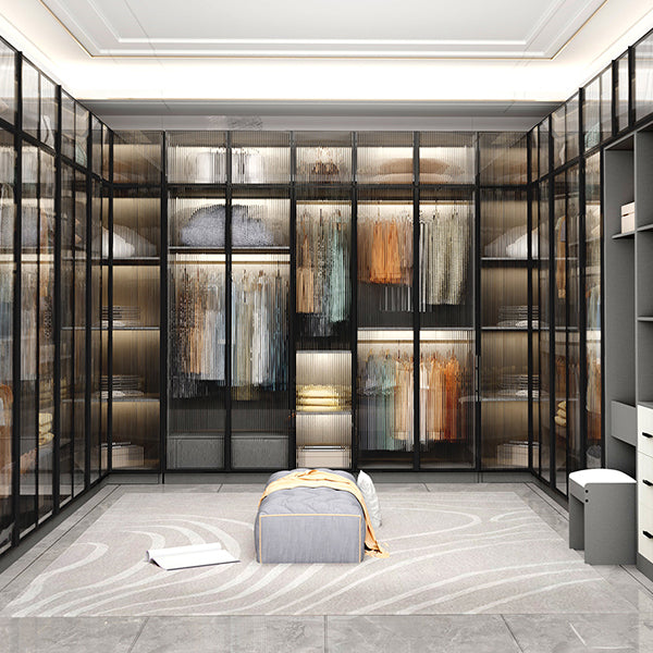 Glass and Wood Wardrobe Cabinet Modern Hinged Wardrobe Armoire