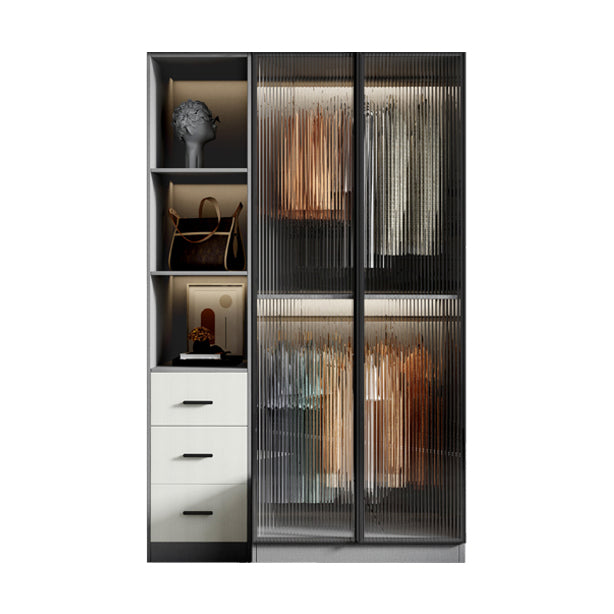 Glass and Wood Wardrobe Cabinet Modern Hinged Wardrobe Armoire