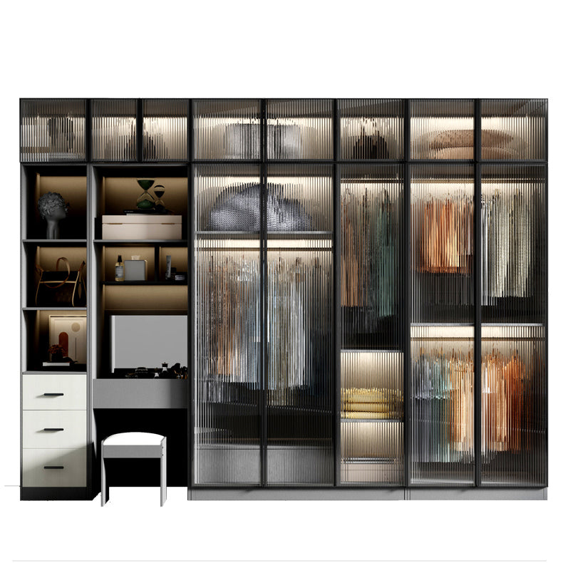 Glass and Wood Wardrobe Cabinet Modern Hinged Wardrobe Armoire
