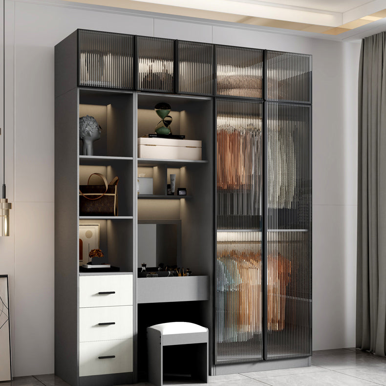 Glass and Wood Wardrobe Cabinet Modern Hinged Wardrobe Armoire