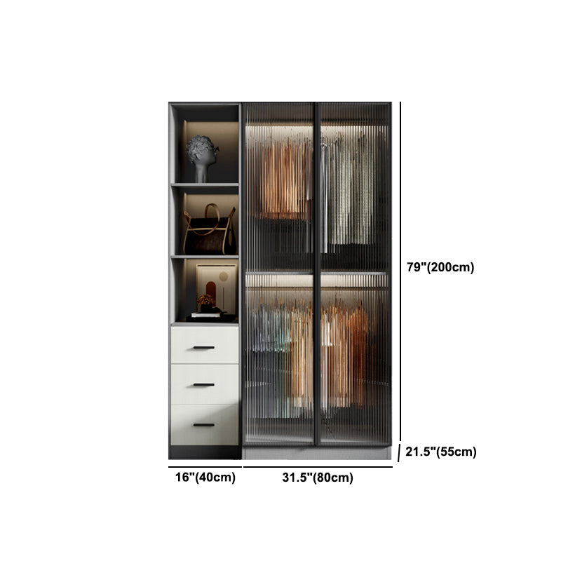 Glass and Wood Wardrobe Cabinet Modern Hinged Wardrobe Armoire
