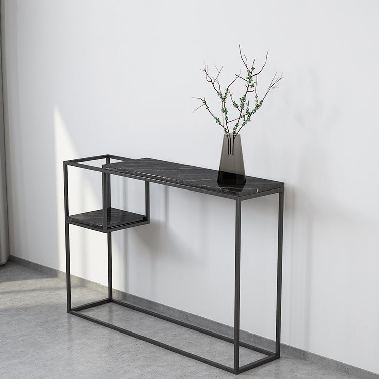 Rectangle Marble Top Console Table with Storage Shelf and Iron Frame Base