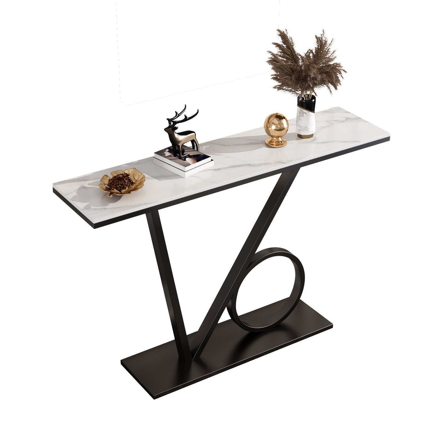 Scratch Resistant Console Table with Rectangle Stone Top and Pedestal Base