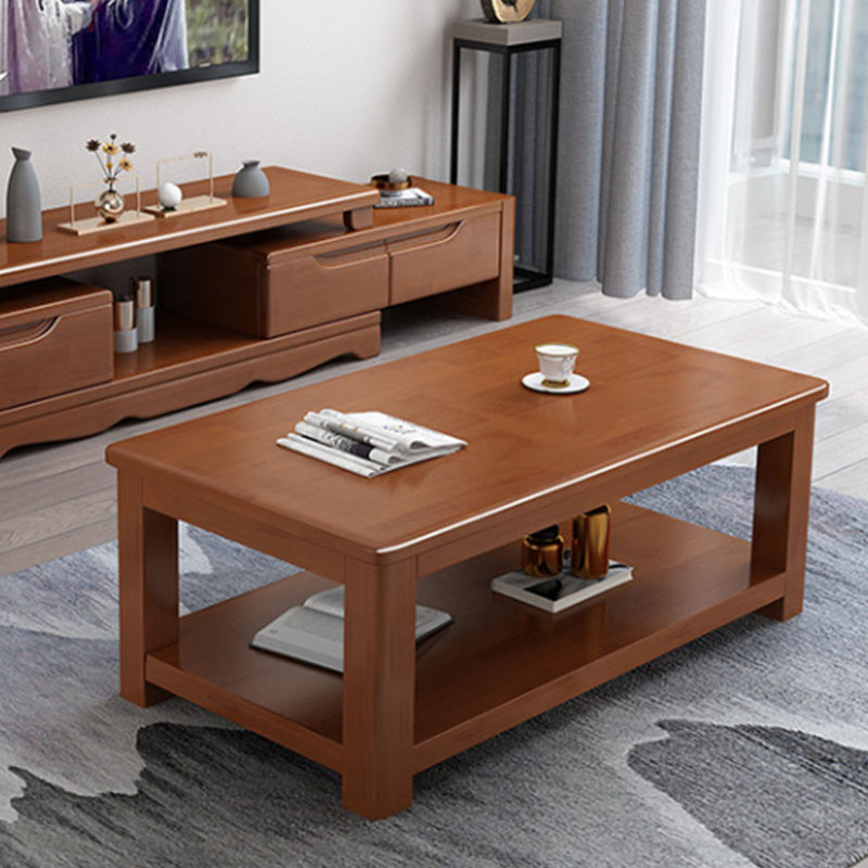 Rectangular 4 Legs Base Solid Wood Table with Storage Shelf Nordic Style Coffee Table
