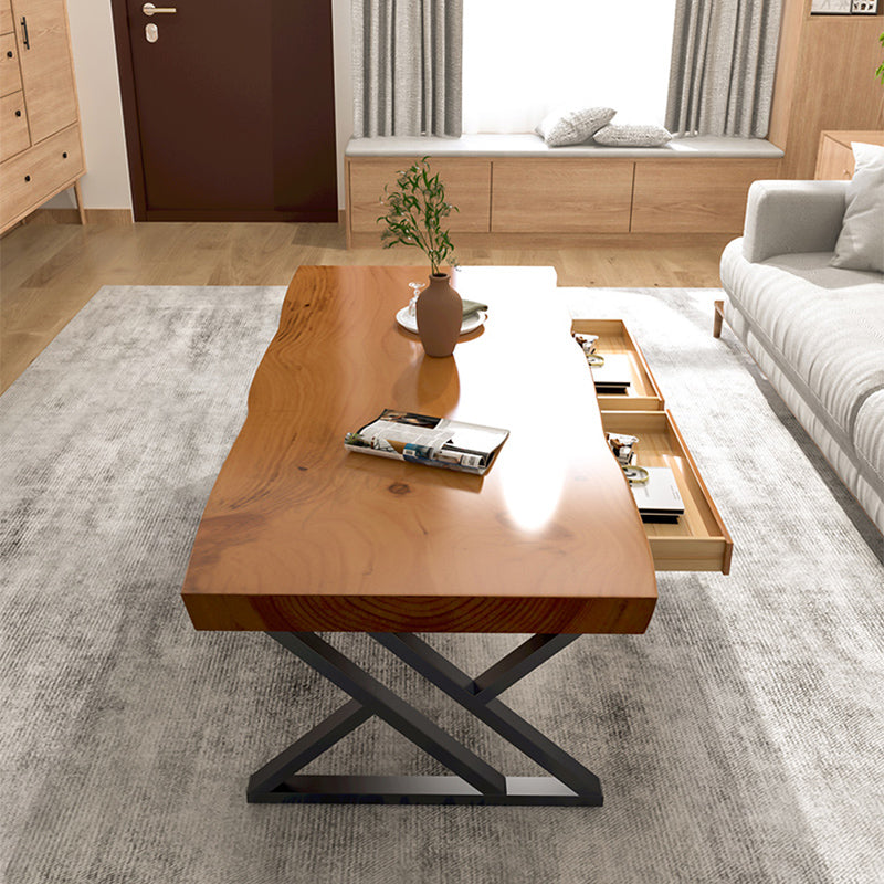 Scandinavian Rectangle Solid Wood Coffee Table Metal Sled Cocktail Table