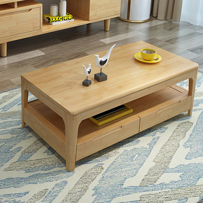 Scandinavian Rectangle Wood Coffee Table 17.7"H 4 Legs Cocktail Table with 4 Drawers