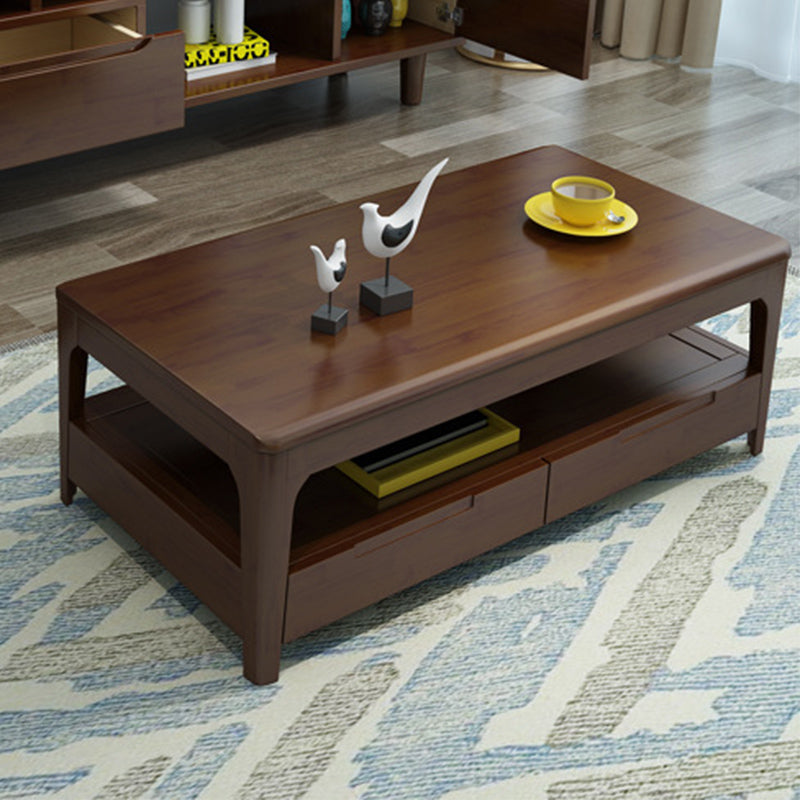 Scandinavian Rectangle Wood Coffee Table 17.7"H 4 Legs Cocktail Table with 4 Drawers