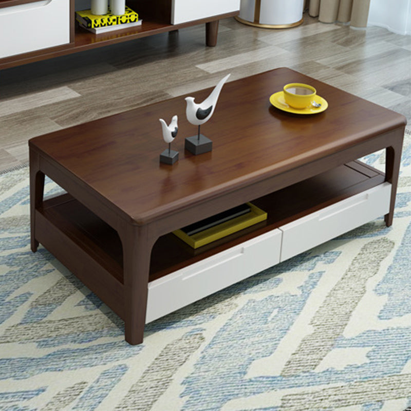 Scandinavian Rectangle Wood Coffee Table 17.7"H 4 Legs Cocktail Table with 4 Drawers