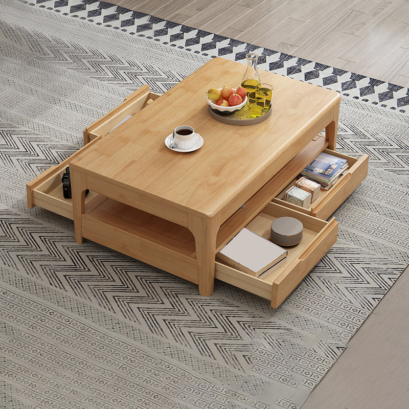 Scandinavian Rectangle Wood Coffee Table 17.7"H 4 Legs Cocktail Table with 4 Drawers