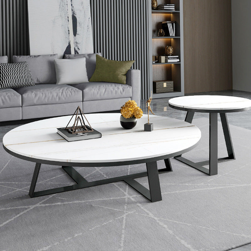 17.7" H Glam Oval Slate Coffee Table Metal Cross Legs Cocktail Table