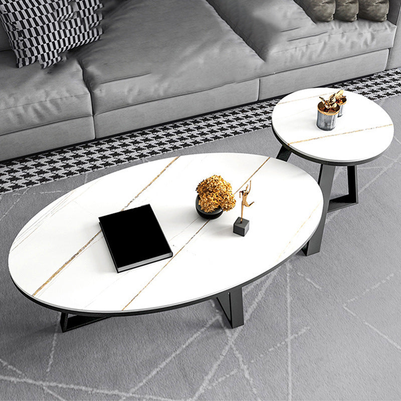 17.7" H Glam Oval Slate Coffee Table Metal Cross Legs Cocktail Table
