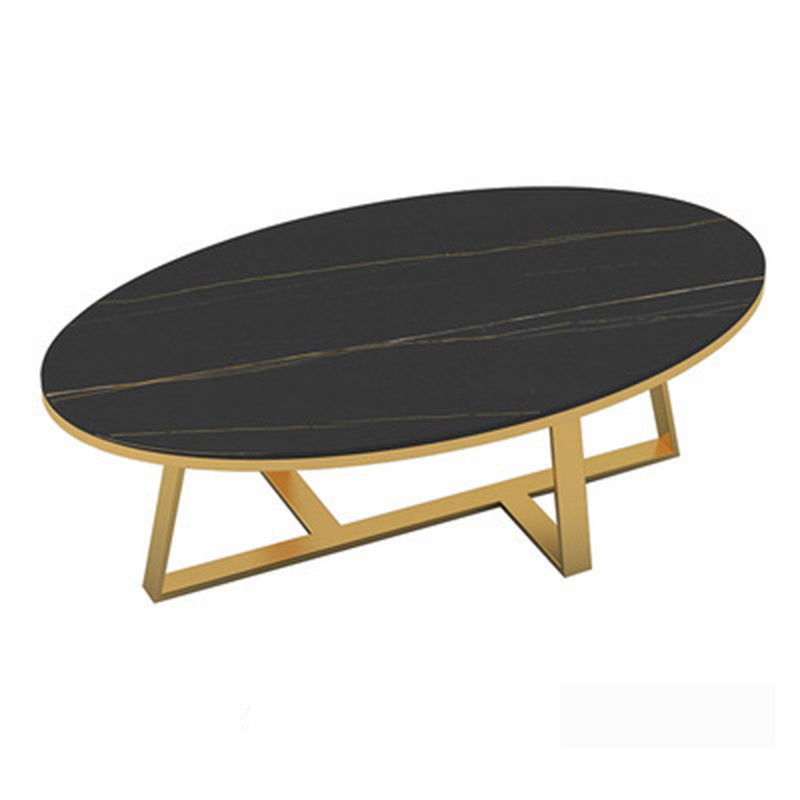 17.7" H Glam Oval Slate Coffee Table Metal Cross Legs Cocktail Table