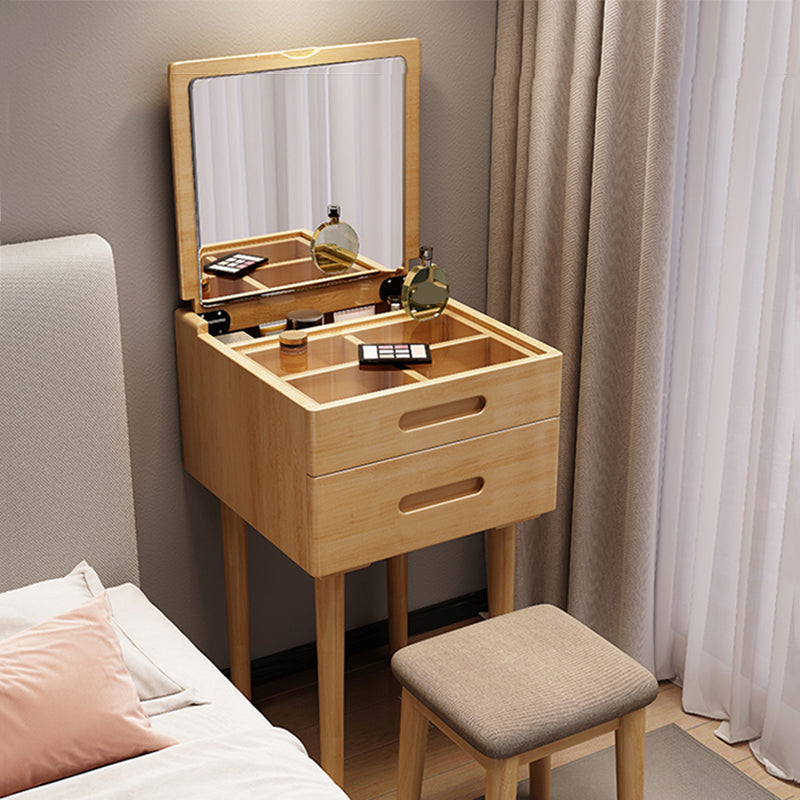 Solid Wood Flip-top Vanity Set Mirrored Vanity Desk Stool Set