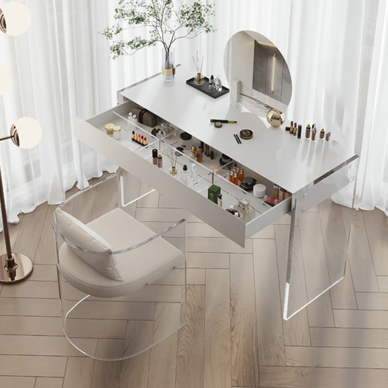 Mirrored Wood Makeup Dressing Table Modern Style Stool Set in White