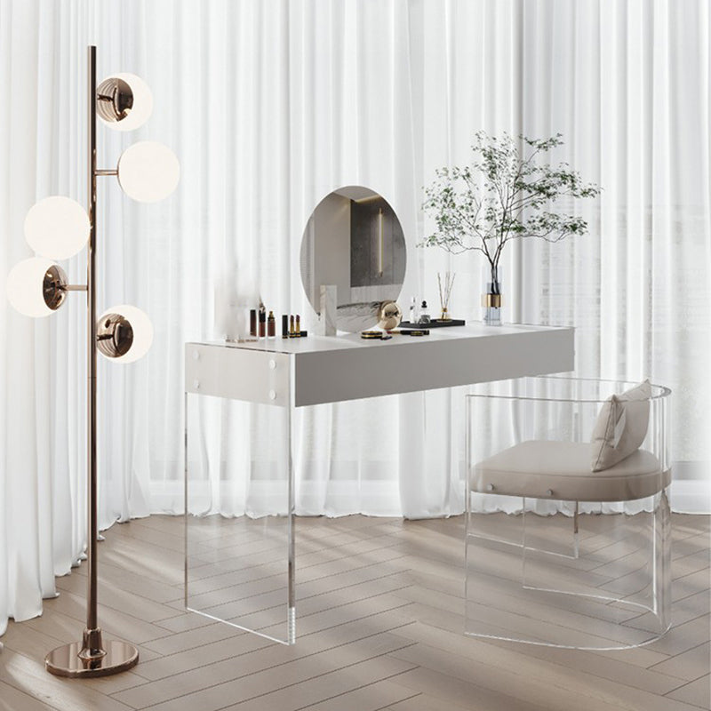 Mirrored Wood Makeup Dressing Table Modern Style Stool Set in White