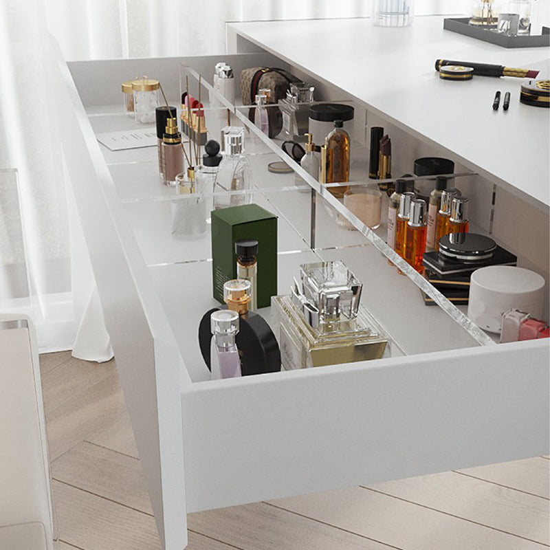 Mirrored Wood Makeup Dressing Table Modern Style Stool Set in White