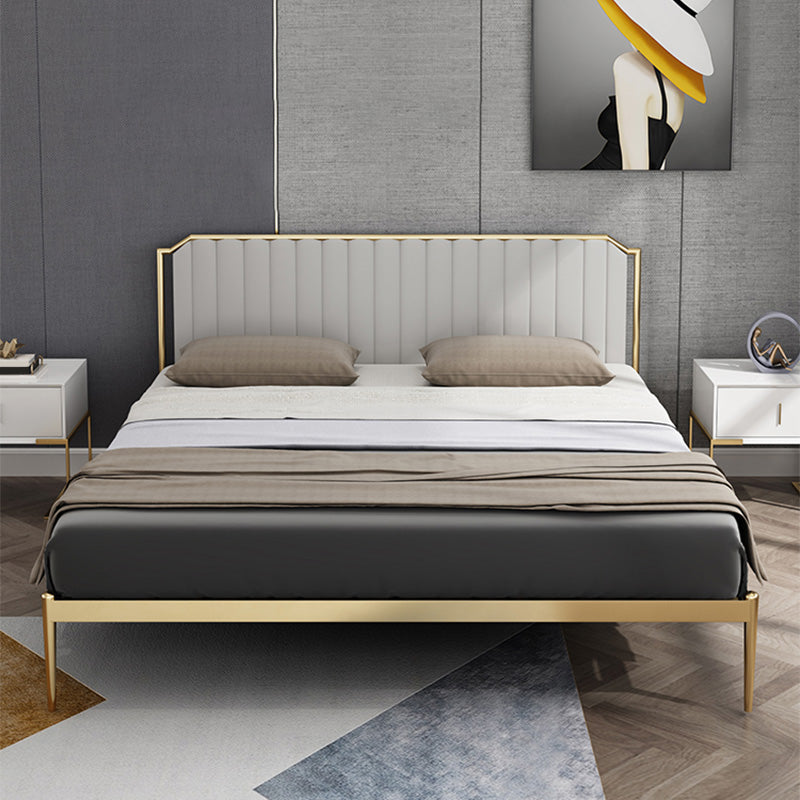 Glam Metal Panel Standard Bed, Beveled Upholstered Headboard Bed