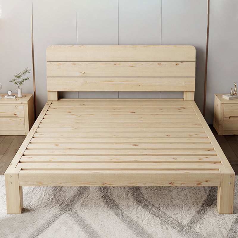 Scandinavian Wood Standard Bed, Slat Rectangular Headboard Bed