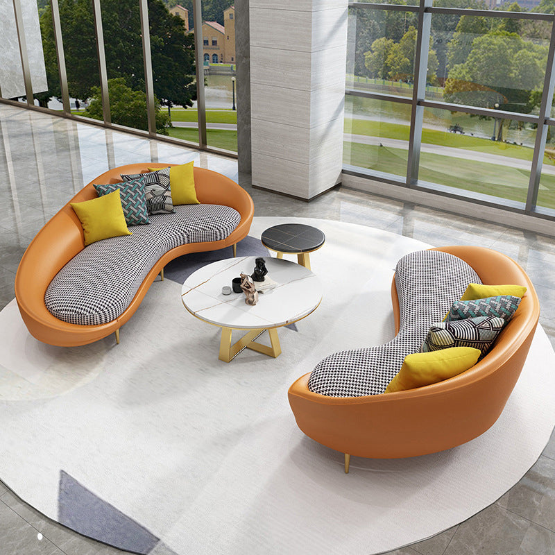 Faux Leather Sloped Arm Sofa Contemporary Curved Sofa in Orange