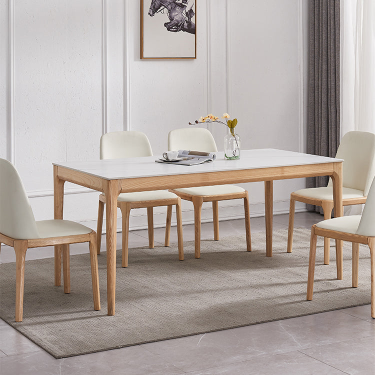 Rectangle Retro Modern Dining Table White Sintered Stone Top 4 Legs Fixed Table