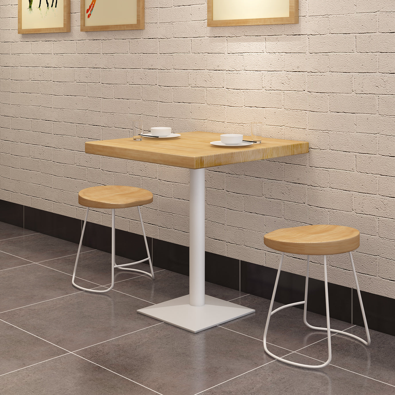 Metal Industrial Square Dining Table Pine Wood Top Table with Pedestal