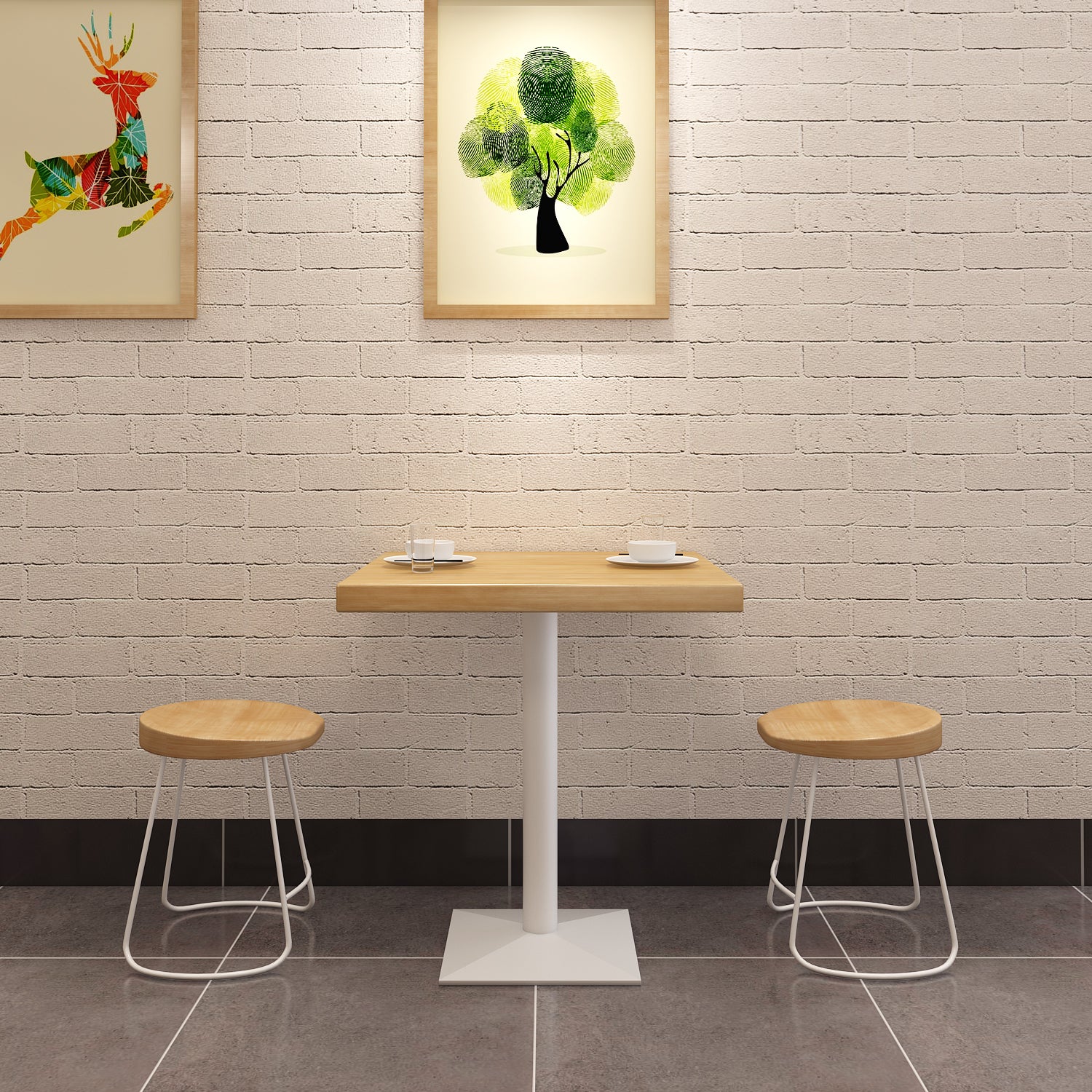 Metal Industrial Square Dining Table Pine Wood Top Table with Pedestal