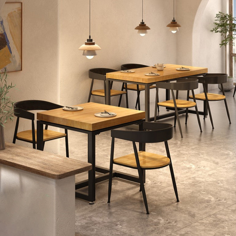 Metal Industrial Square Dining Table Pine Solid Wood Top Table with Trestle Base