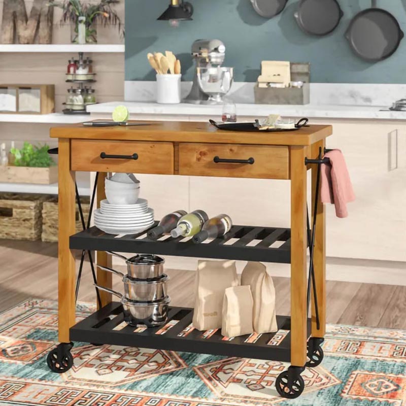Modern Rolling Kitchen Cart Wood Kitchen Island Cart with Towel Rack