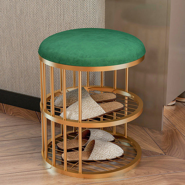 Industrial Cylinder Shape Ottoman Plain Velvet Metal Frame Shelved Storage Pouf