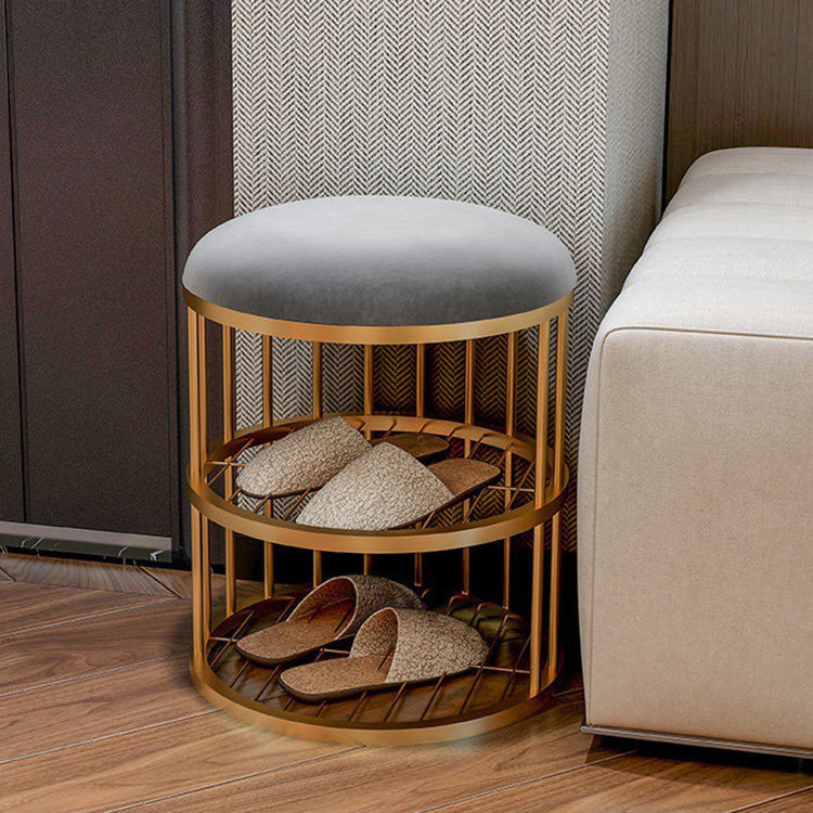 Industrial Cylinder Shape Ottoman Plain Velvet Metal Frame Shelved Storage Pouf
