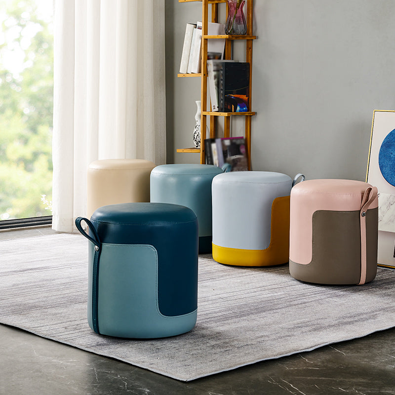 Modern Cylinder Shape Pouf Chair Contrast Color PU Leather Water Resistant Boucle Pouf