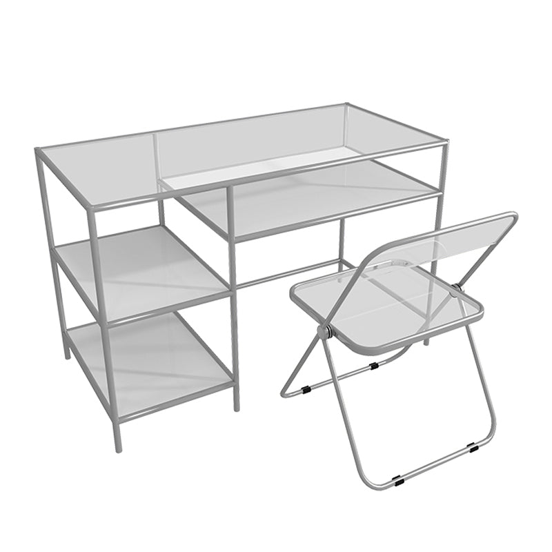 Glass Rectangular Writing Desk Contemporary Style Office Desk with Storage Shelves