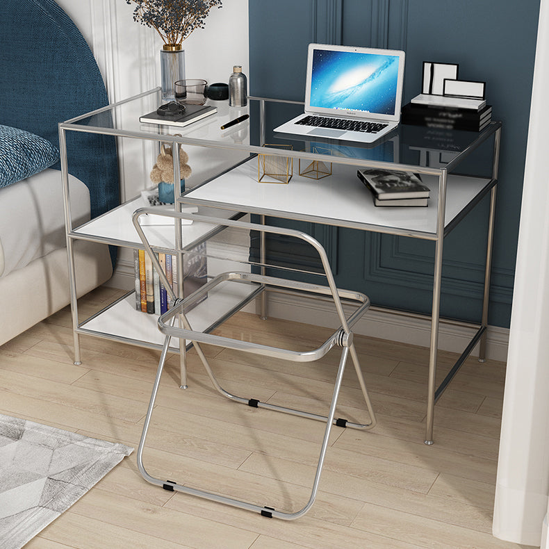 Glass Rectangular Writing Desk Contemporary Style Office Desk with Storage Shelves