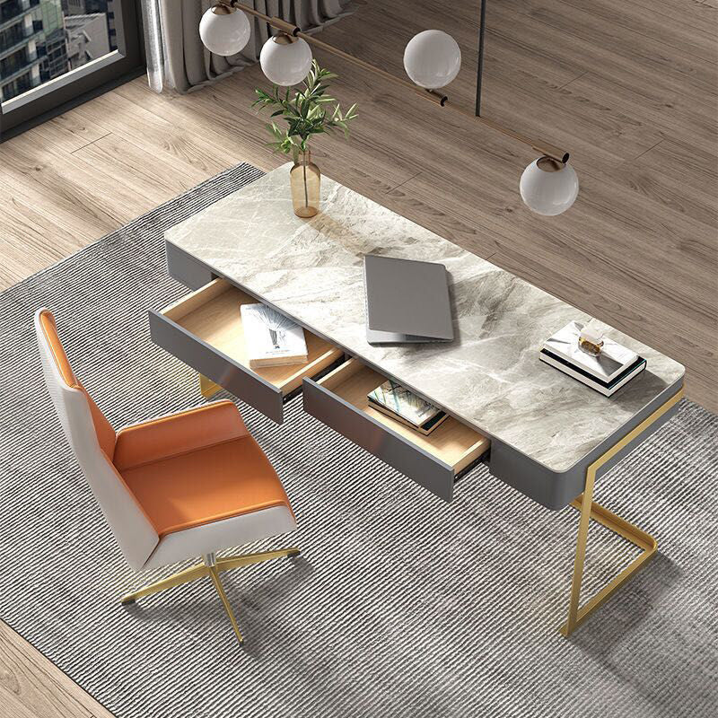 Glam Style 2-drawer Office Desk Sintered Stone Top Desk with Stainless Steel Legs