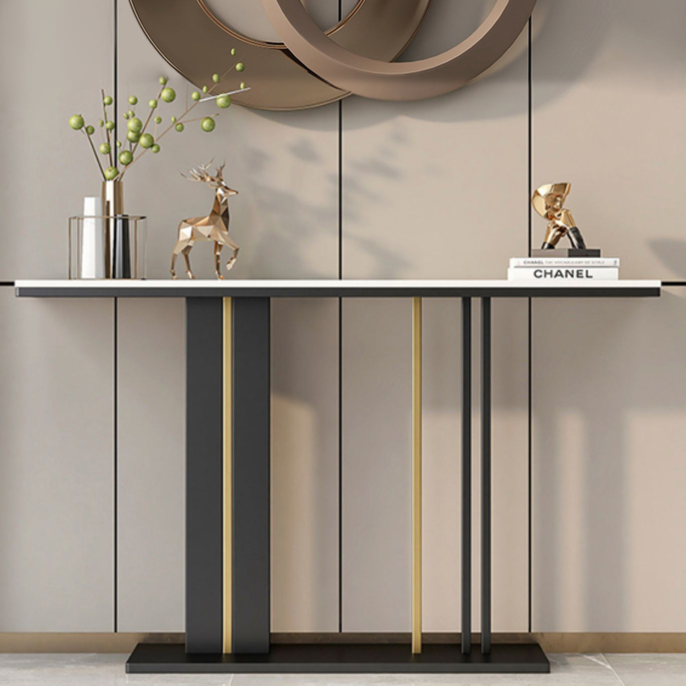 Modern Marble Top Console Table with Rectangle Top and Pedestal Base