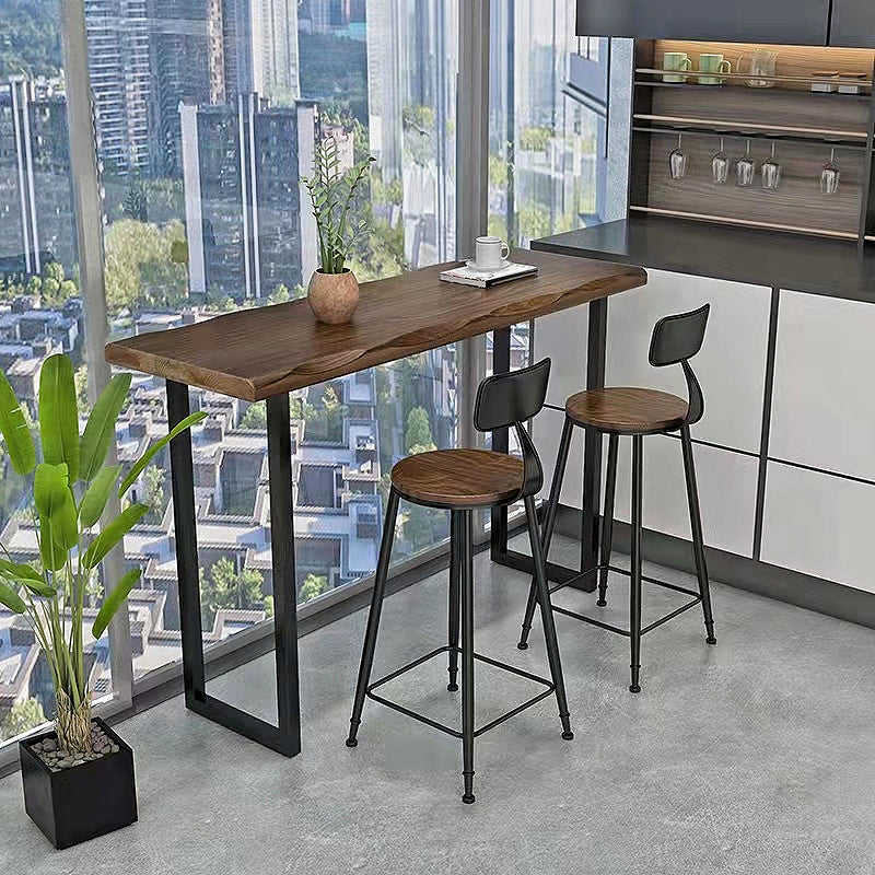 Wood Bar Table Modern Rectangle Bar Dining Table with Double Pedestal for Living Room