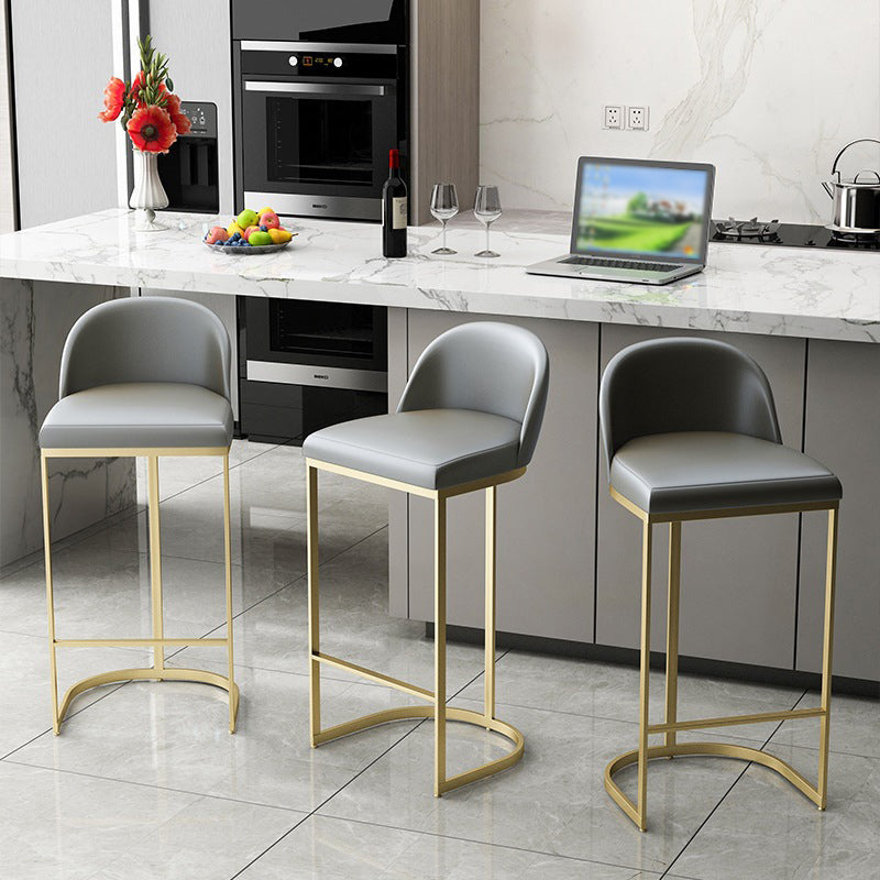 Glam Gray Metal Barstool Faux Leather Upholstered Counter Stool with Gold Base