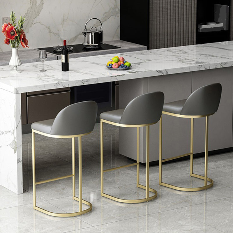 Glam Gray Metal Barstool Faux Leather Upholstered Counter Stool with Gold Base