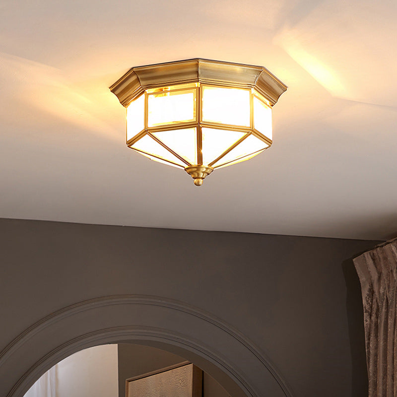 Brass Geometric Ceiling Fixture Traditional Frosted Glass Flush Mount for Corridor
