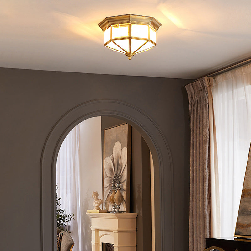 Brass Geometric Ceiling Fixture Traditional Frosted Glass Flush Mount for Corridor