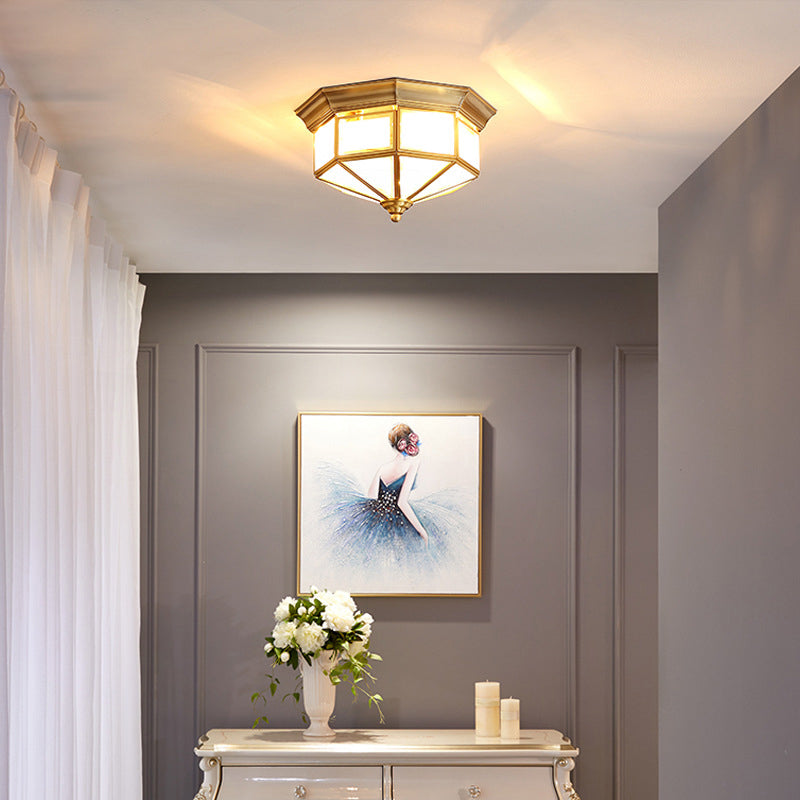 Brass Geometric Ceiling Fixture Traditional Frosted Glass Flush Mount for Corridor
