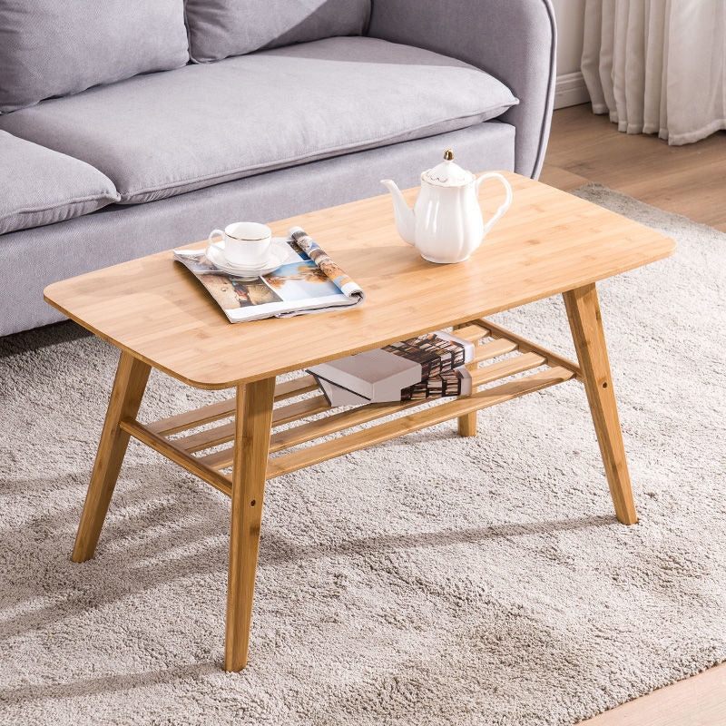 Nordic Style Rectangular Solid Wood Table with Storage Shelf 4 Legs Base Coffee Table