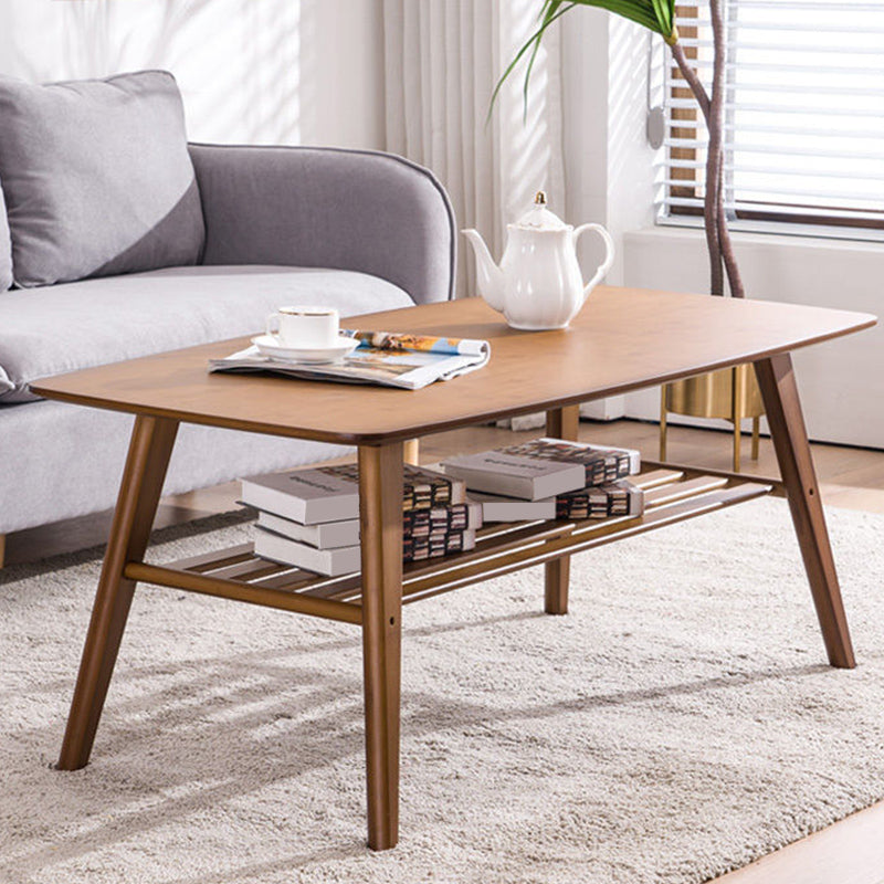 Nordic Style Rectangular Solid Wood Table with Storage Shelf 4 Legs Base Coffee Table