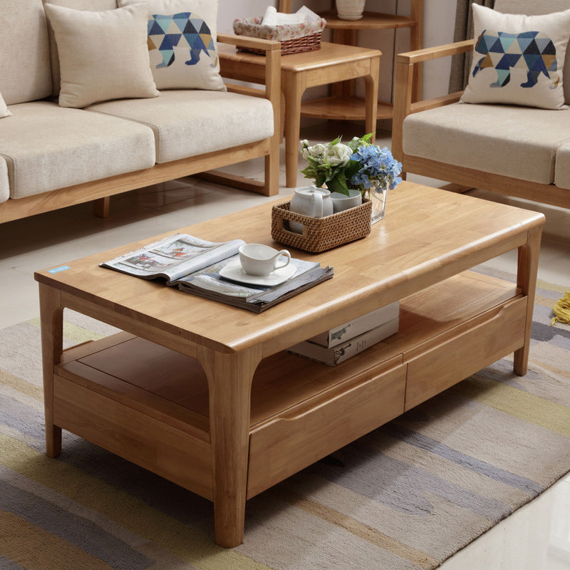 Rectangular 4 Legs Base with Drawers Solid Wood Table Nordic Style Coffee Table
